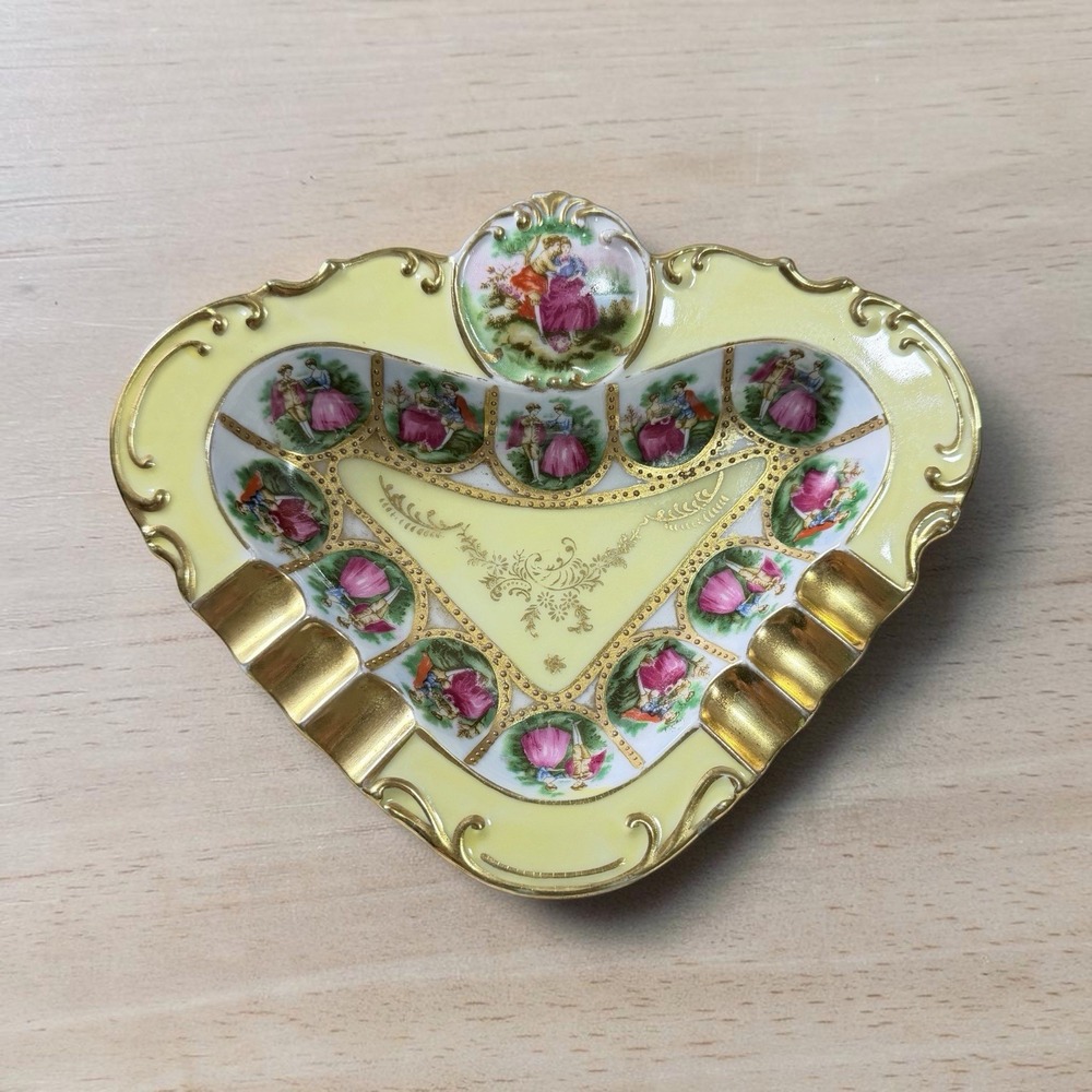 VINTAGE L`AMOUR CHINA VICTORIAN LOVE STORY SCENES HAND PAINTED ASHTRAY GOLD TRIM